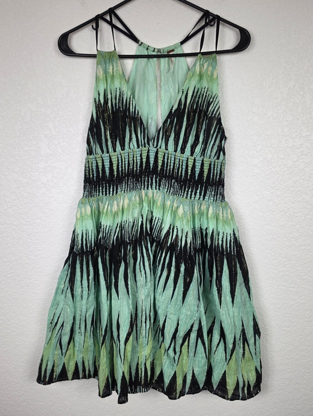 Free People Small Green Black Metallic Mini Fit Flare Dress